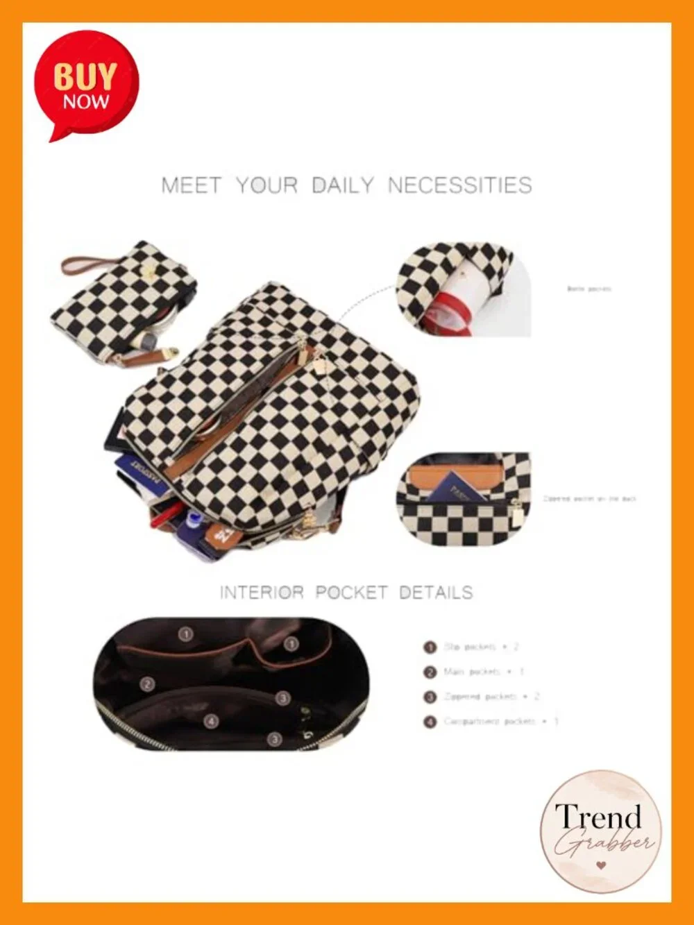 Checkered Fashion Backpack with Detachable Wallet, Canvas & Faux Leather,